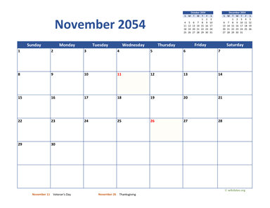 November 2054 Calendar Classic