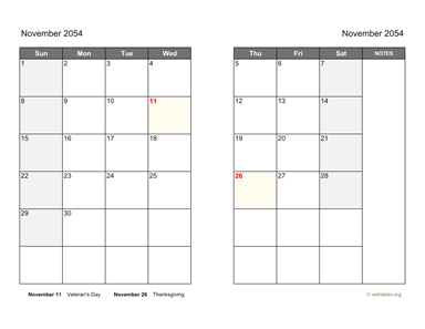 November 2054 Calendar on two pages