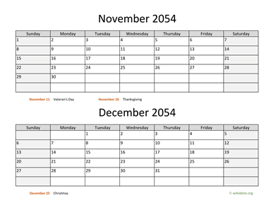 November and December 2054 Calendar Horizontal