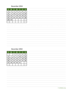 November and December 2054 Calendar with Notes