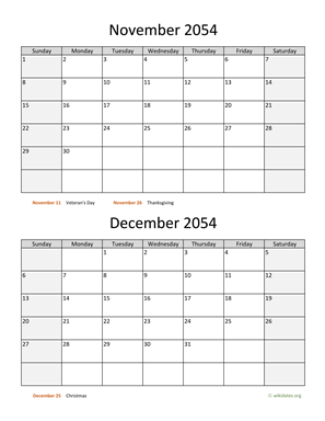 November and December 2054 Calendar Vertical