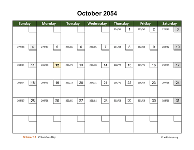 October 2054 Calendar with Day Numbers