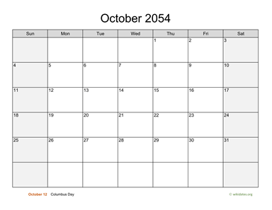 October 2054 Calendar with Weekend Shaded