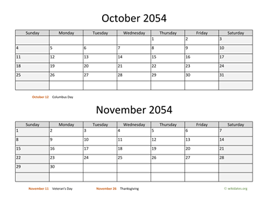 October and November 2054 Calendar Horizontal