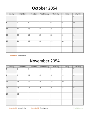 October and November 2054 Calendar Vertical