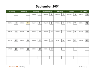 September 2054 Calendar with Day Numbers