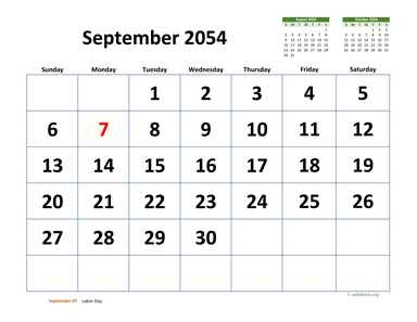September 2054 Calendar with Extra-large Dates