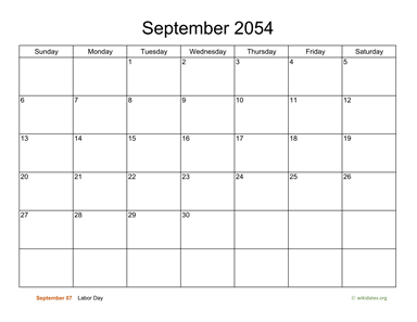 Basic Calendar for September 2054