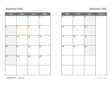 September 2054 Calendar on two pages