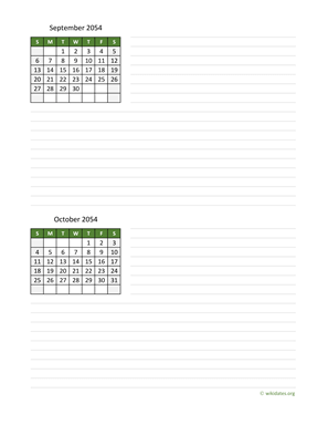 September and October 2054 Calendar with Notes