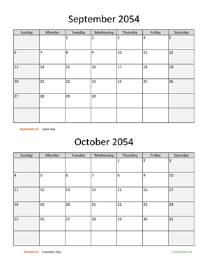September and October 2054 Calendar Vertical