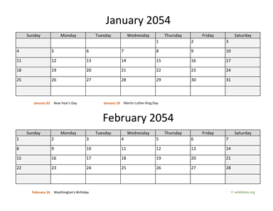 Two Months 2054 Calendar Horizontal