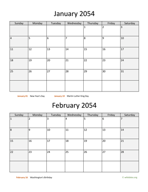 Two Months 2054 Calendar Vertical