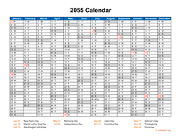 2055 Calendar Horizontal, One Page