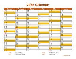 2055 Calendar on 2 Pages, Landscape Orientation