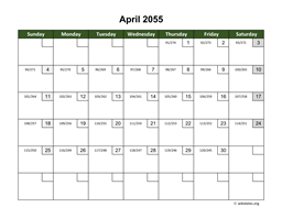 April 2055 Calendar with Day Numbers