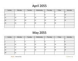 April and May 2055 Calendar