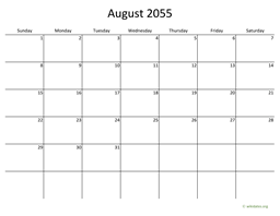 August 2055 Calendar with Bigger boxes