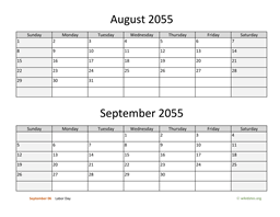 August and September 2055 Calendar