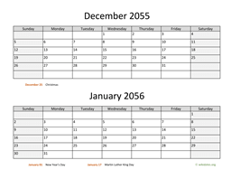 December 2055 and January 2056 Calendar