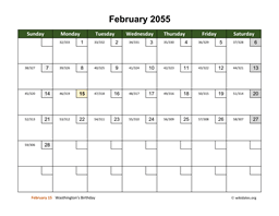 February 2055 Calendar with Day Numbers