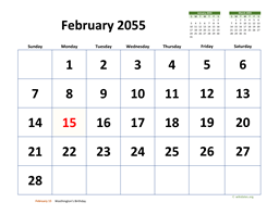 February 2055 Calendar with Extra-large Dates