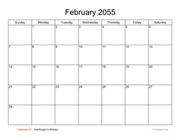 Basic Calendar for February 2055