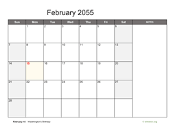 February 2055 Calendar with Notes