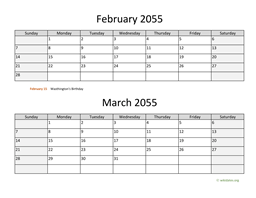 February and March 2055 Calendar