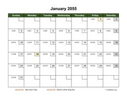January 2055 Calendar with Day Numbers