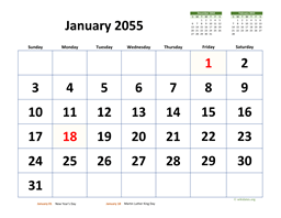 January 2055 Calendar with Extra-large Dates