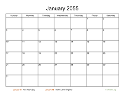 Basic Calendar for January 2055