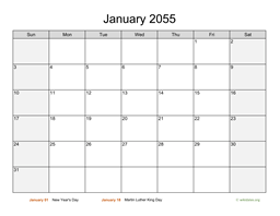 January 2055 Calendar with Weekend Shaded