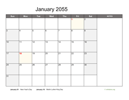 January 2055 Calendar with Notes