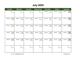 July 2055 Calendar with Day Numbers