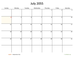 July 2055 Calendar with Bigger boxes