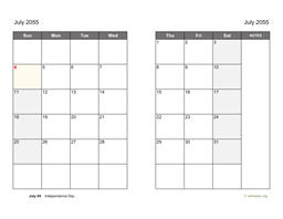 July 2055 Calendar on two pages