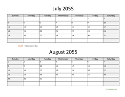 July and August 2055 Calendar