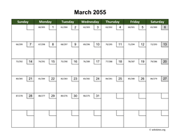 March 2055 Calendar with Day Numbers