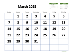 March 2055 Calendar with Extra-large Dates