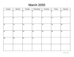 Basic Calendar for March 2055