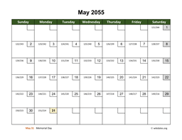 May 2055 Calendar with Day Numbers