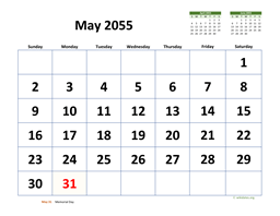 May 2055 Calendar with Extra-large Dates