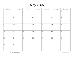 Basic Calendar for May 2055