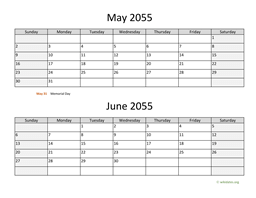 May and June 2055 Calendar