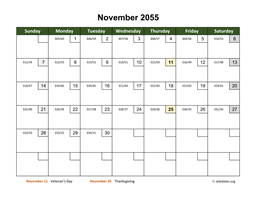 November 2055 Calendar with Day Numbers