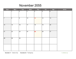 November 2055 Calendar with Notes