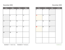 November 2055 Calendar on two pages