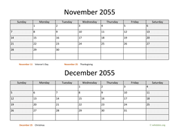 November and December 2055 Calendar