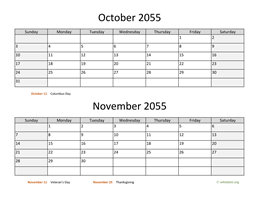 October and November 2055 Calendar